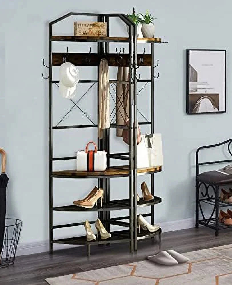 YOPCTUO 3-in-1 Entryway Coat Rack Industrial Hall Tree Corner Cloth Rack with Bench Hallway Coat and Shoe Rack for Corner Entryway Organizer with Metal Shoe for Hallway Corner Entran