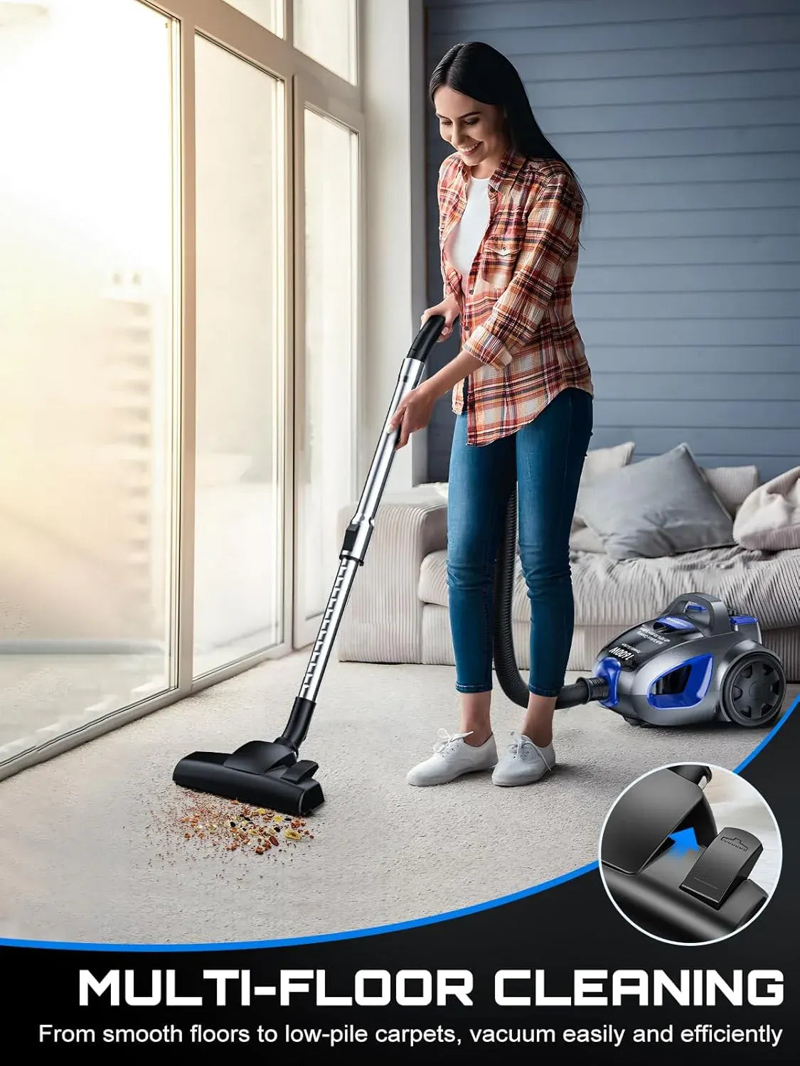 Canister Vacuum Cleaner, 32Kpa 1600W Cyclon Power Bagless Canister Vacuum Cleaners for Home, 3.7QT Large Dust Cup, Lightweight Vac for Hard Floors, Carpets, Pet Hair, Blue