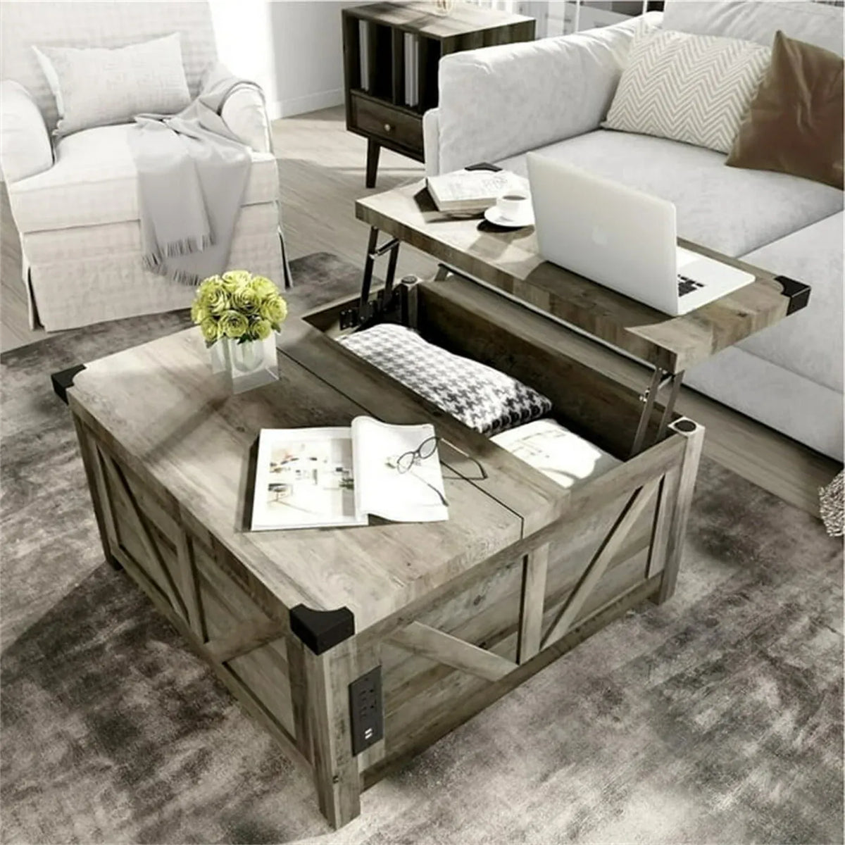 35.6 Farmhouse Lift Top Coffee Table, Square Center Table with Charging Statio