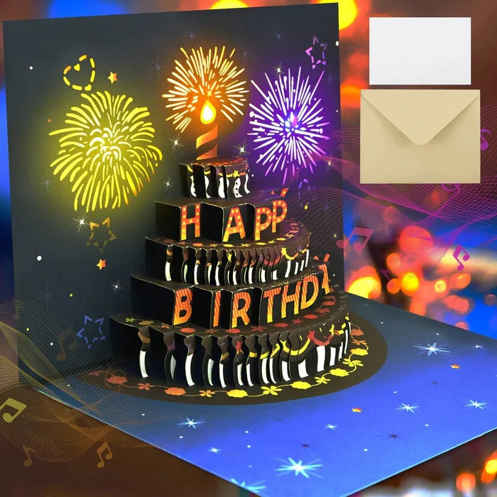 Birthday Greeting Card with 3D Pop-Up Cake and LED Lights, Sound  Effects