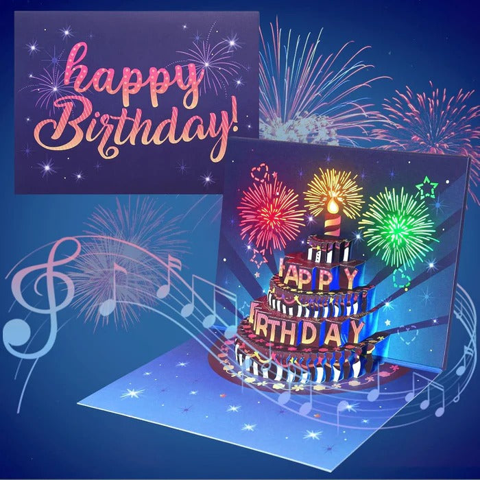 Birthday Greeting Card with 3D Pop-Up Cake and LED Lights, Sound  Effects