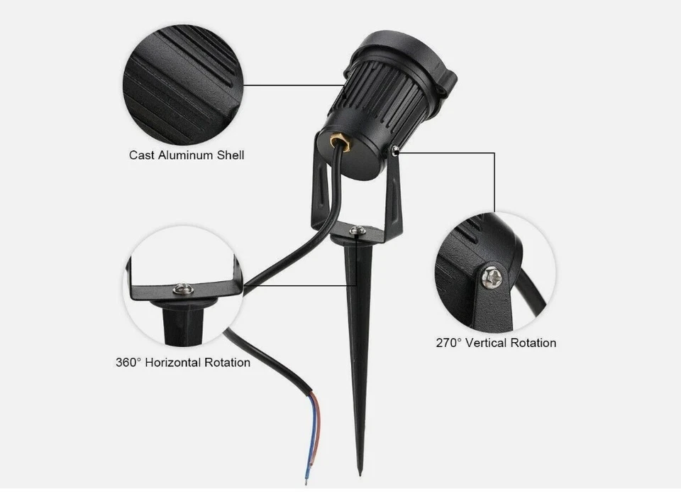 12V LED Landscape Spotlight with 270-Degree Adjustable Head and Ground Spike, 10-Pack