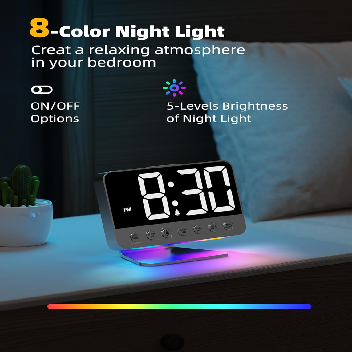 Digital Alarm Clock with Battery Backup and Phone Charging, 2-Inch Large Display