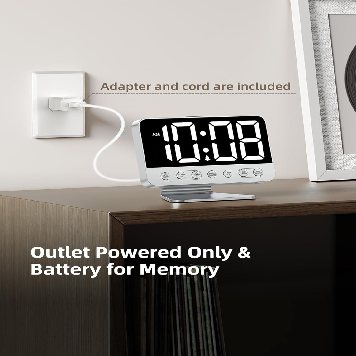 Digital Alarm Clock with Battery Backup and Phone Charging, 2-Inch Large Display