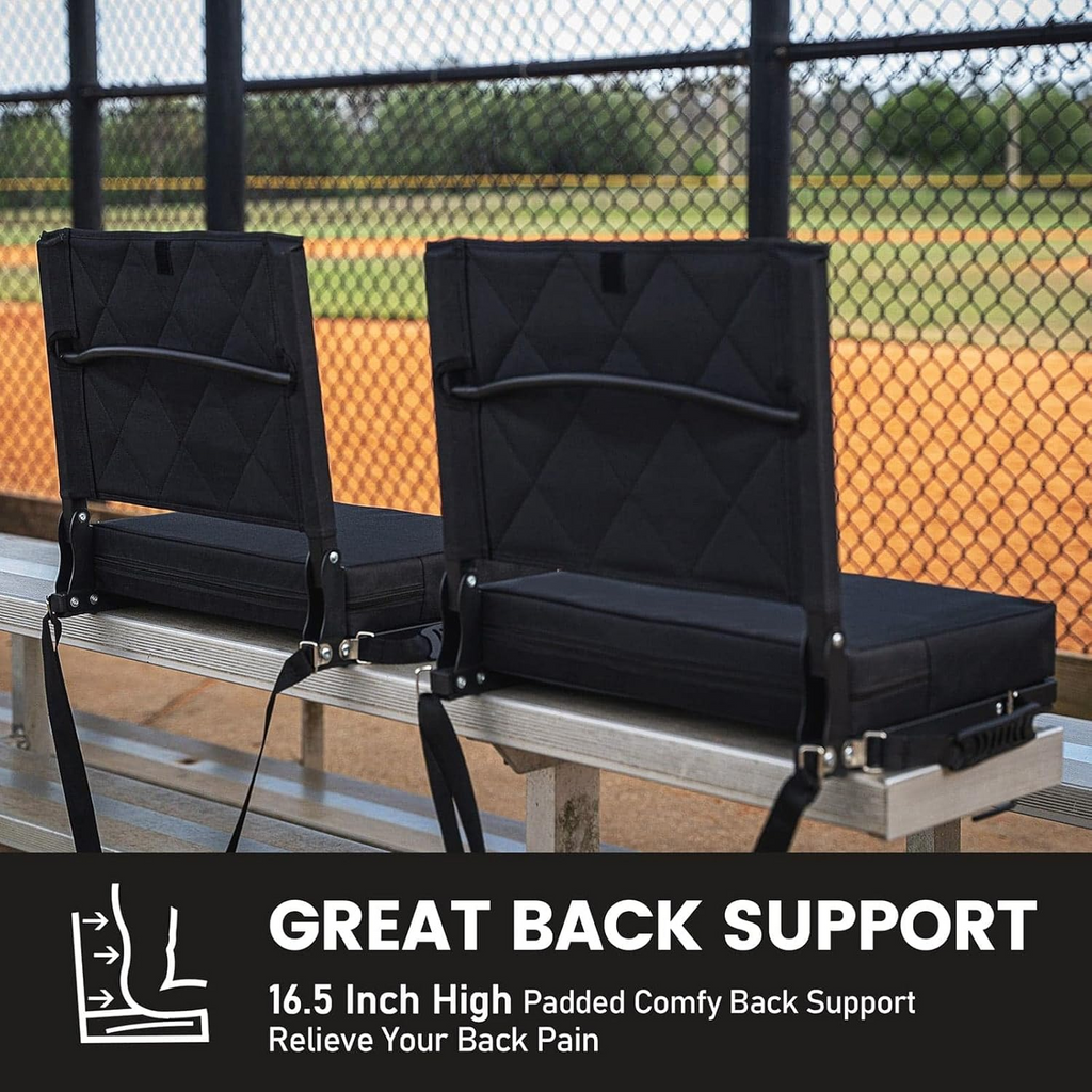Folding Stadium Seat with Angled Back Support and Adjustable Shoulder Strap for Bleachers