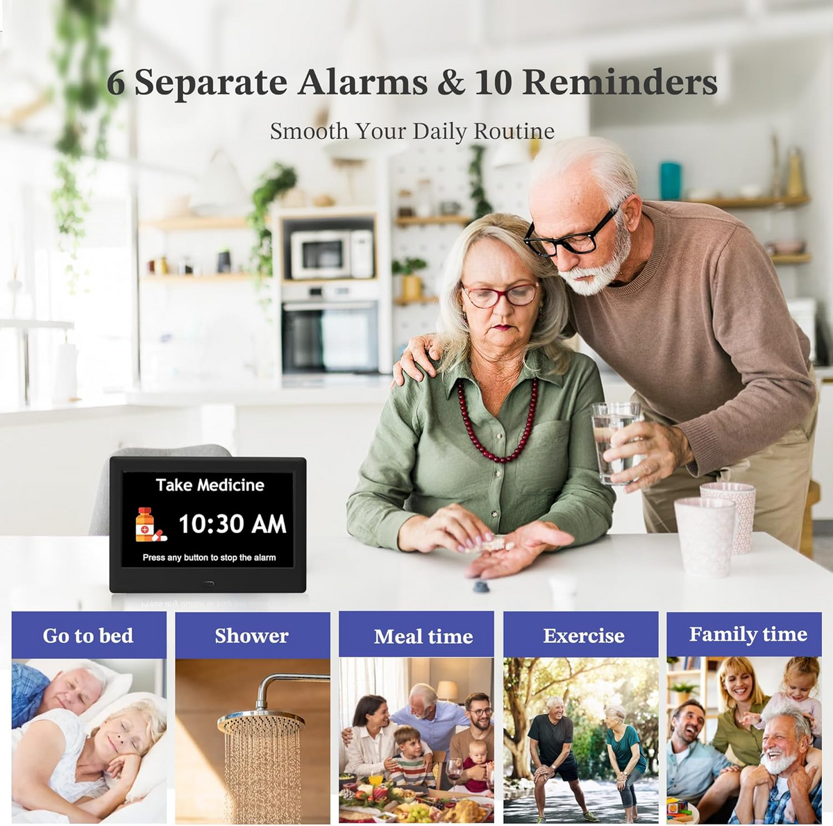 Activity Reminder Clock with Eight Daily Icons and Large Text Display