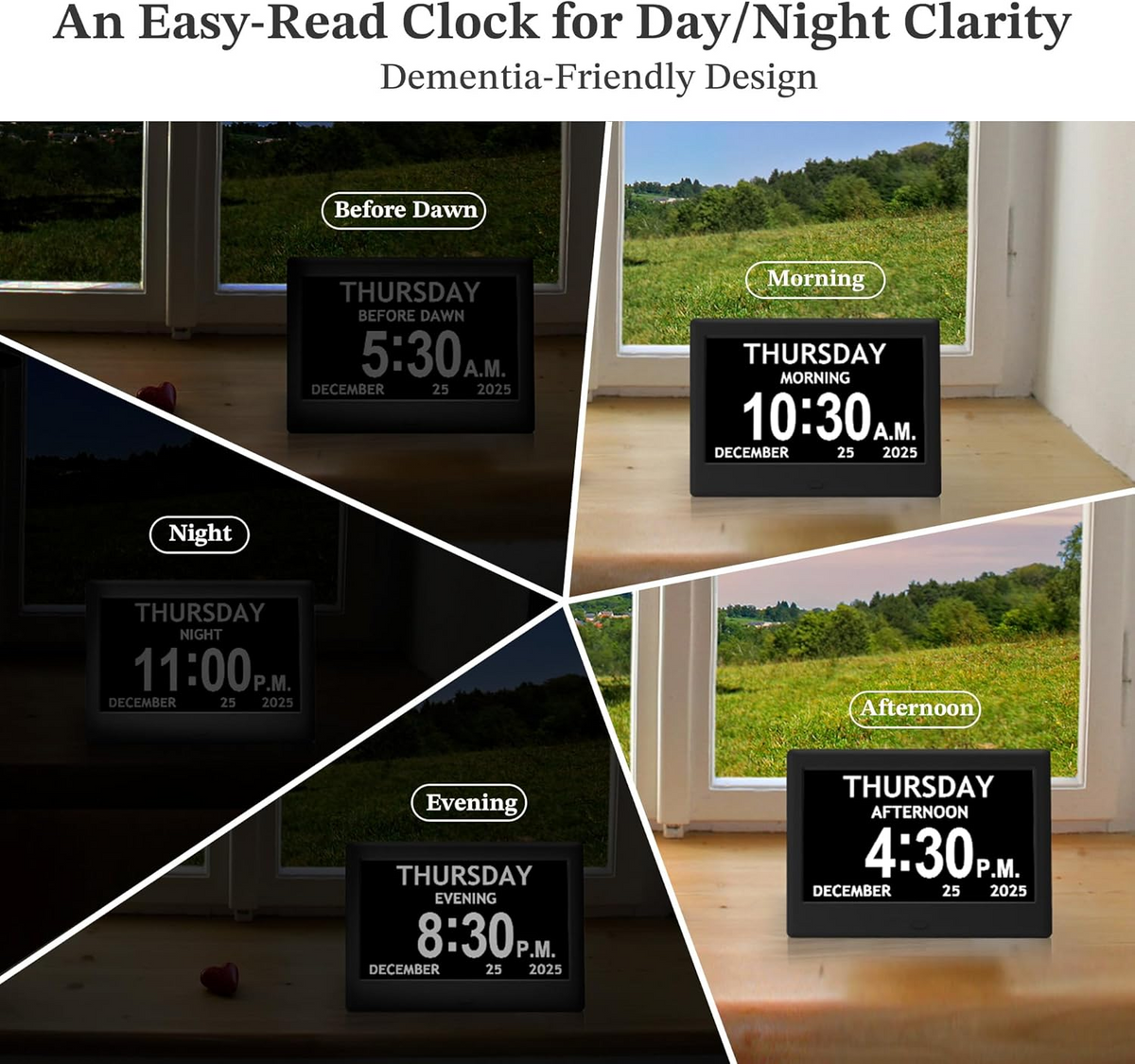 Activity Reminder Clock with Eight Daily Icons and Large Text Display