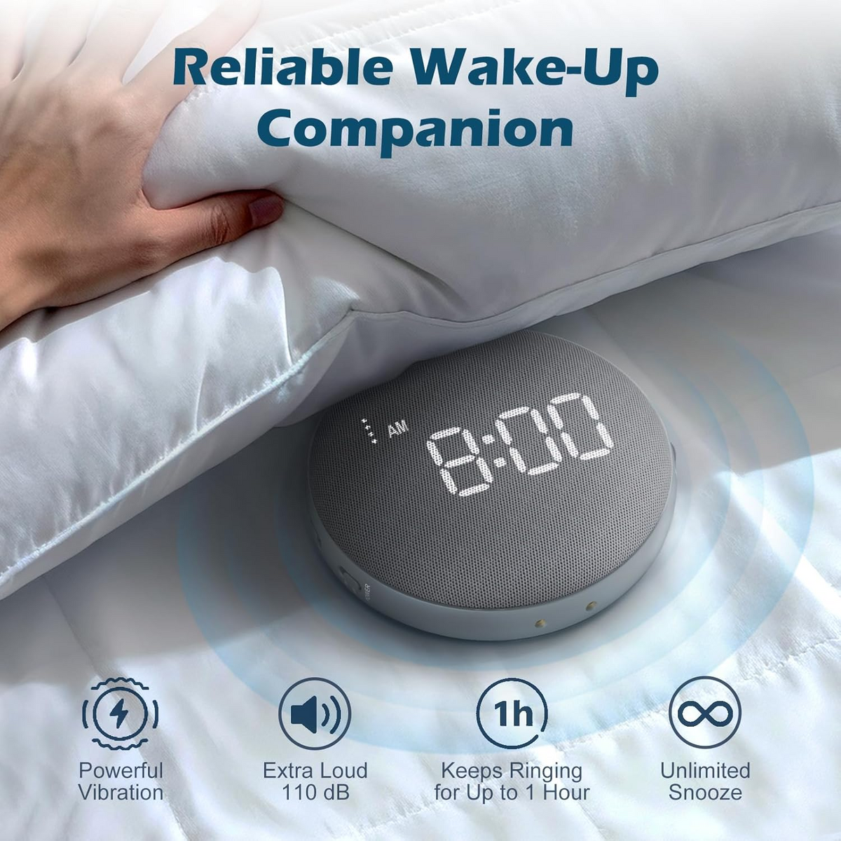 Cordless Vibrating Alarm Clock with Bed Shaker and 110dB Sound, 3 Wake Modes