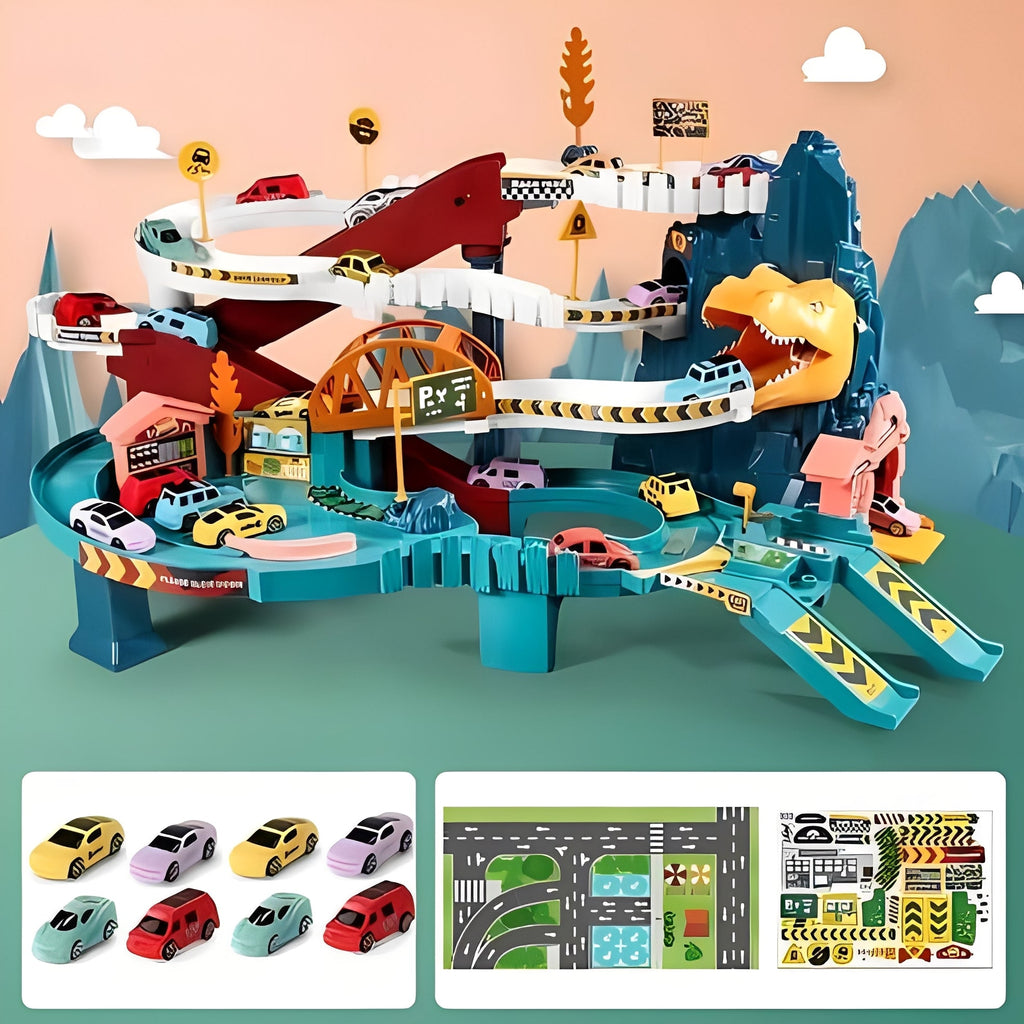 Dinosaur Race Track Playset with Eight Cars and Multi-Level Construction
