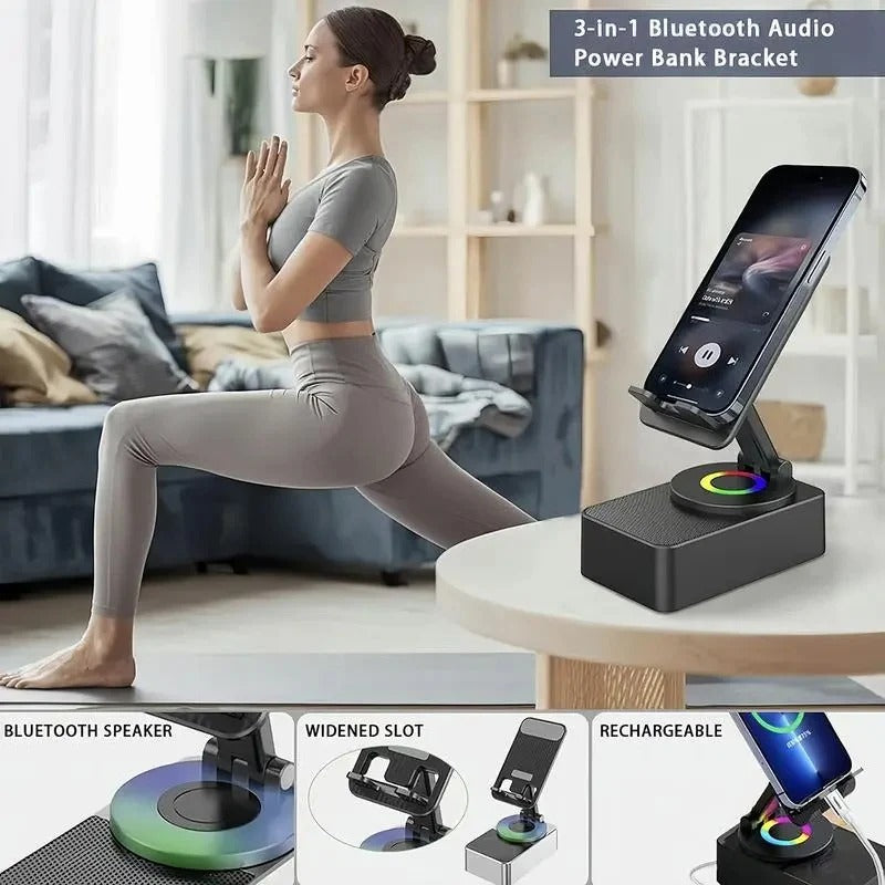Foldable Phone Stand with Wireless Speaker and 1500mAh Power Bank, Color LED  Base