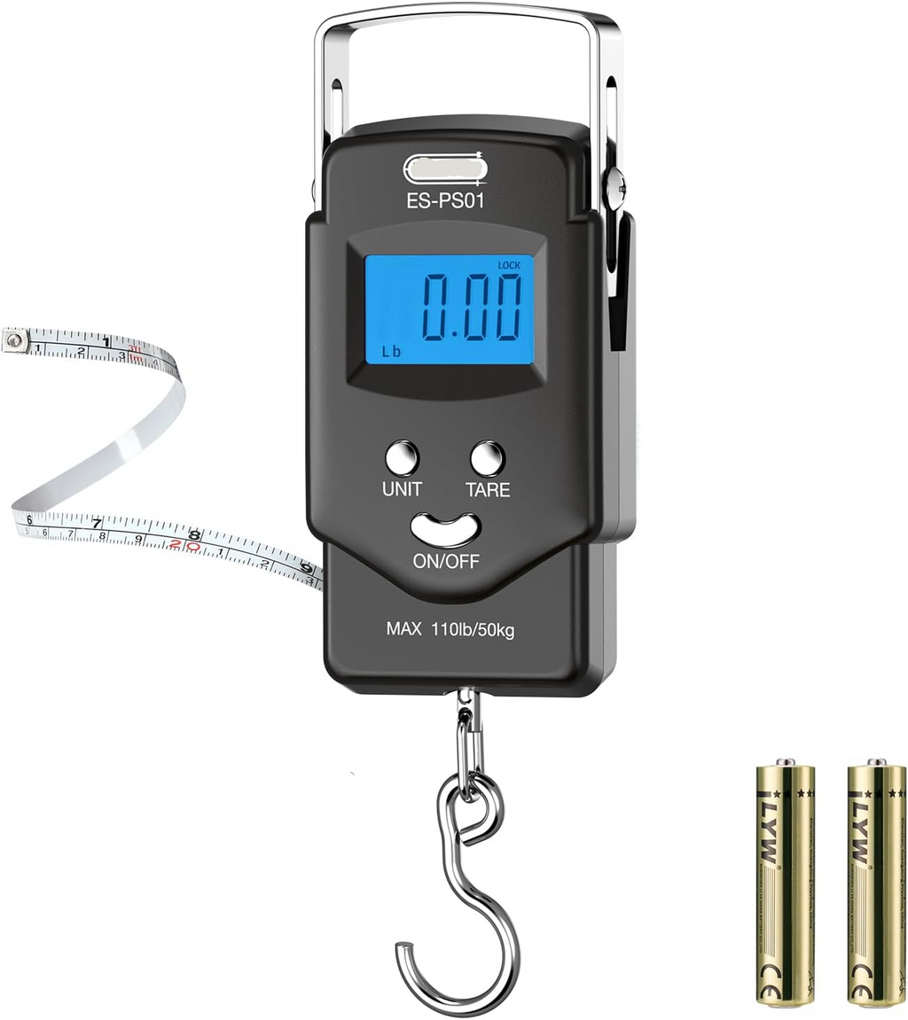 Digital Hanging Scale with Integrated Tape Measure and Blue LCD Display, 110lb Capacity