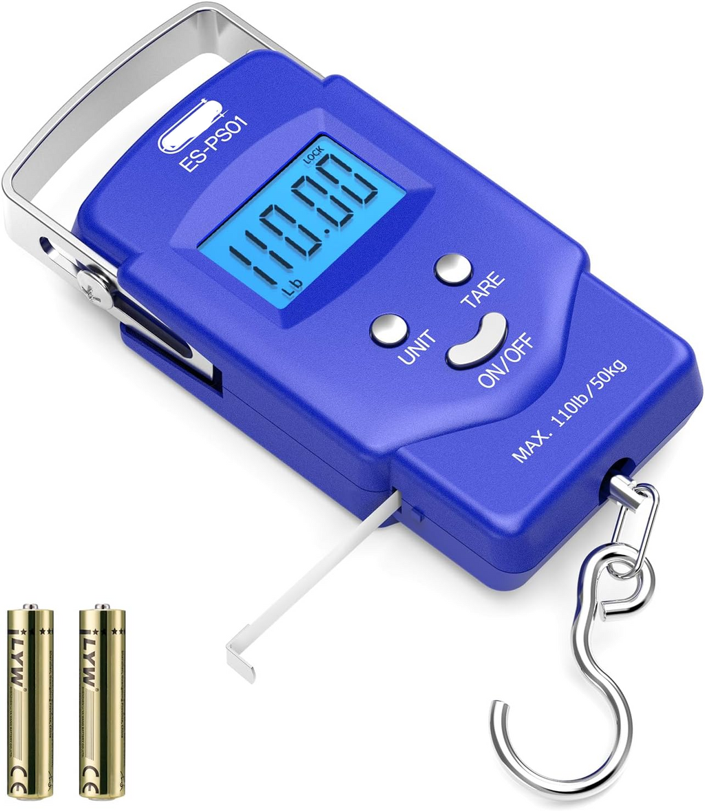 Digital Hanging Scale with Integrated Tape Measure and Blue LCD Display, 110lb Capacity