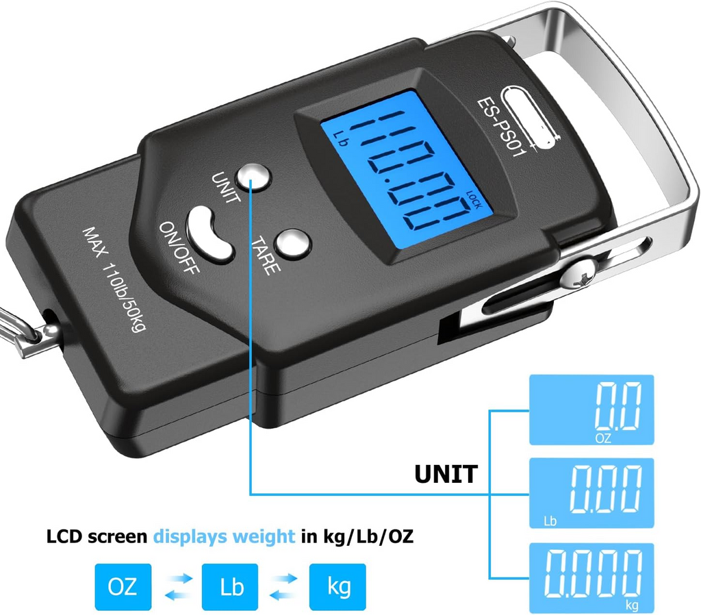 Digital Hanging Scale with Integrated Tape Measure and Blue LCD Display, 110lb Capacity