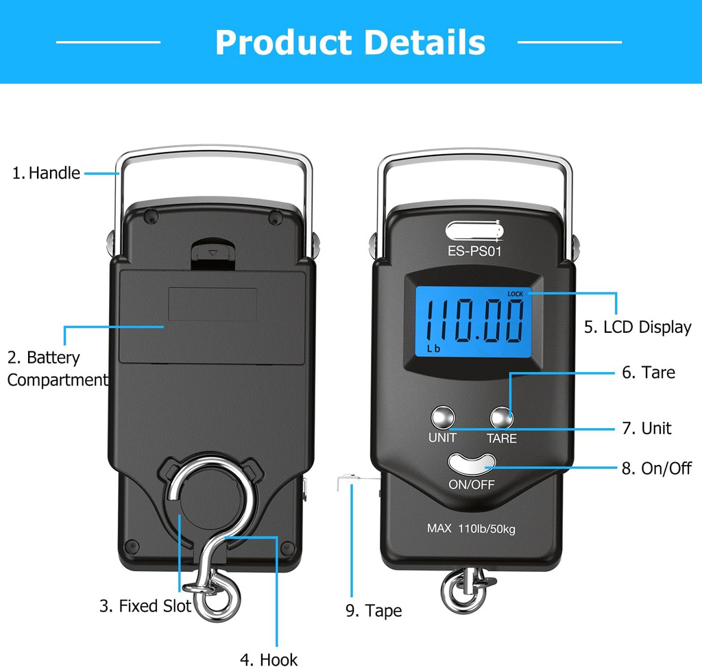 Digital Hanging Scale with Integrated Tape Measure and Blue LCD Display, 110lb Capacity