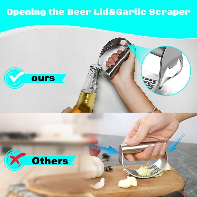 Curved Garlic Press Rocker with Bottle Opener and Multi-Ingredient  Function