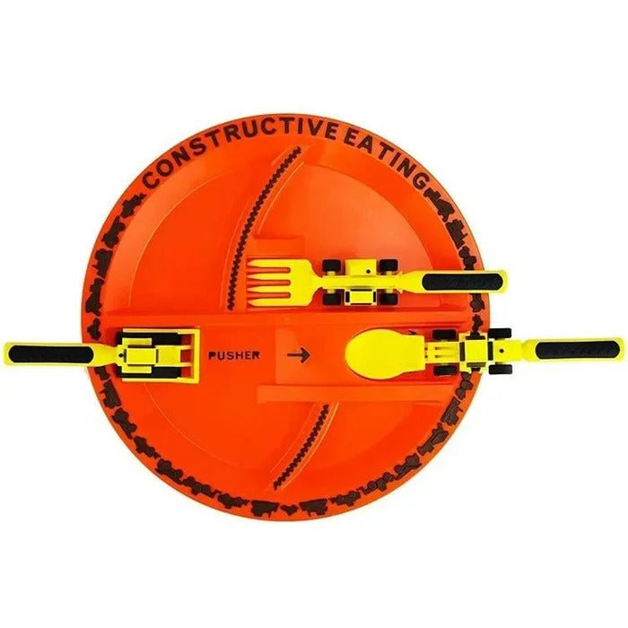 Children's Sectioned Plate with Soft Grip Utensils and Construction Theme for Ages 12 Months  Up