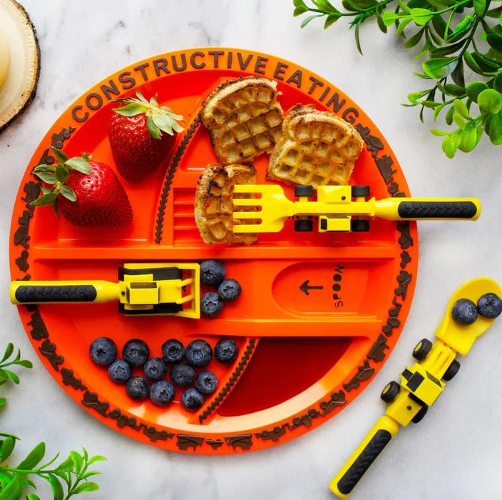 Children's Sectioned Plate with Soft Grip Utensils and Construction Theme for Ages 12 Months  Up