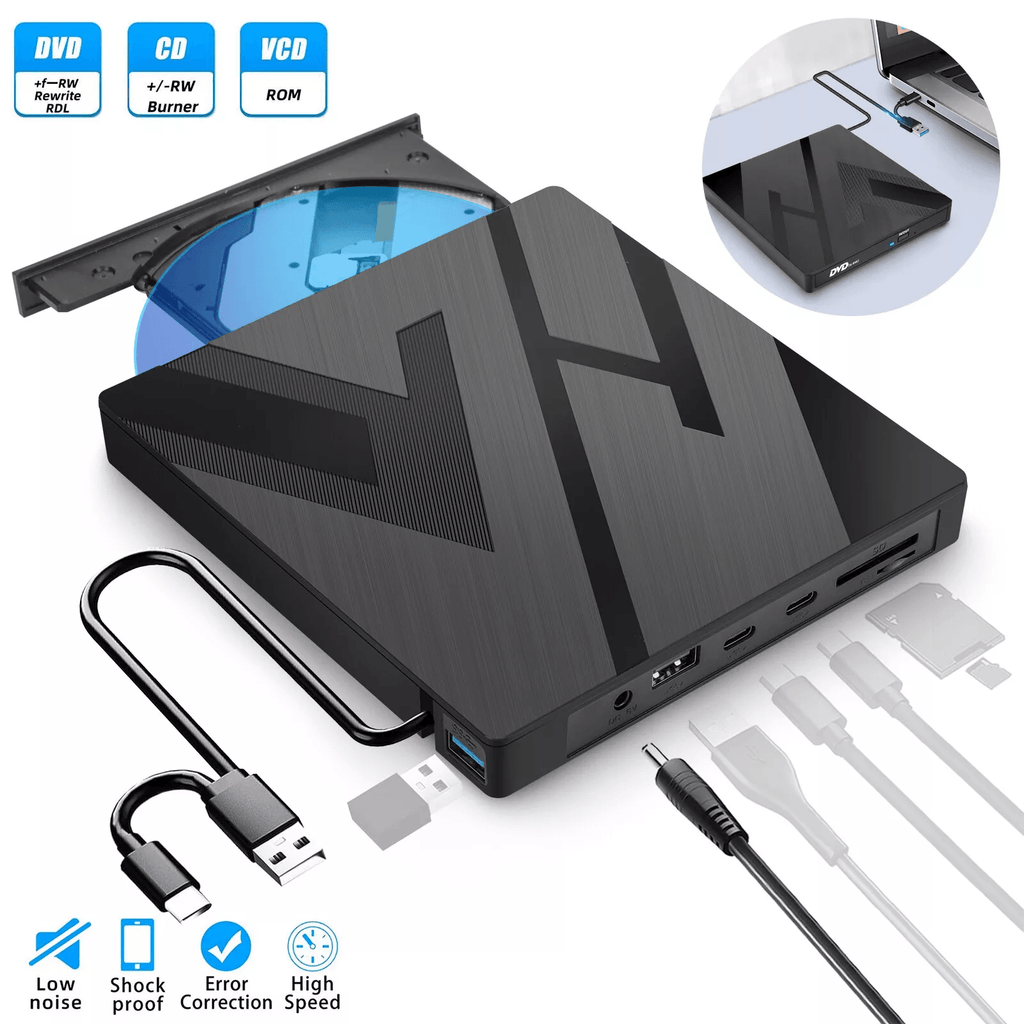External Optical Drive with SD Card Slot and USB Hub for PC Mac  Laptops