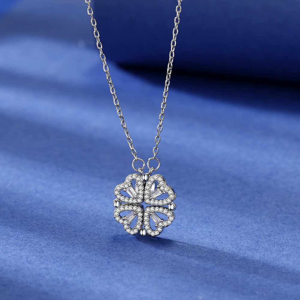 Four Heart Clover Pendant Necklace with Preserved Roses and Gift  Box