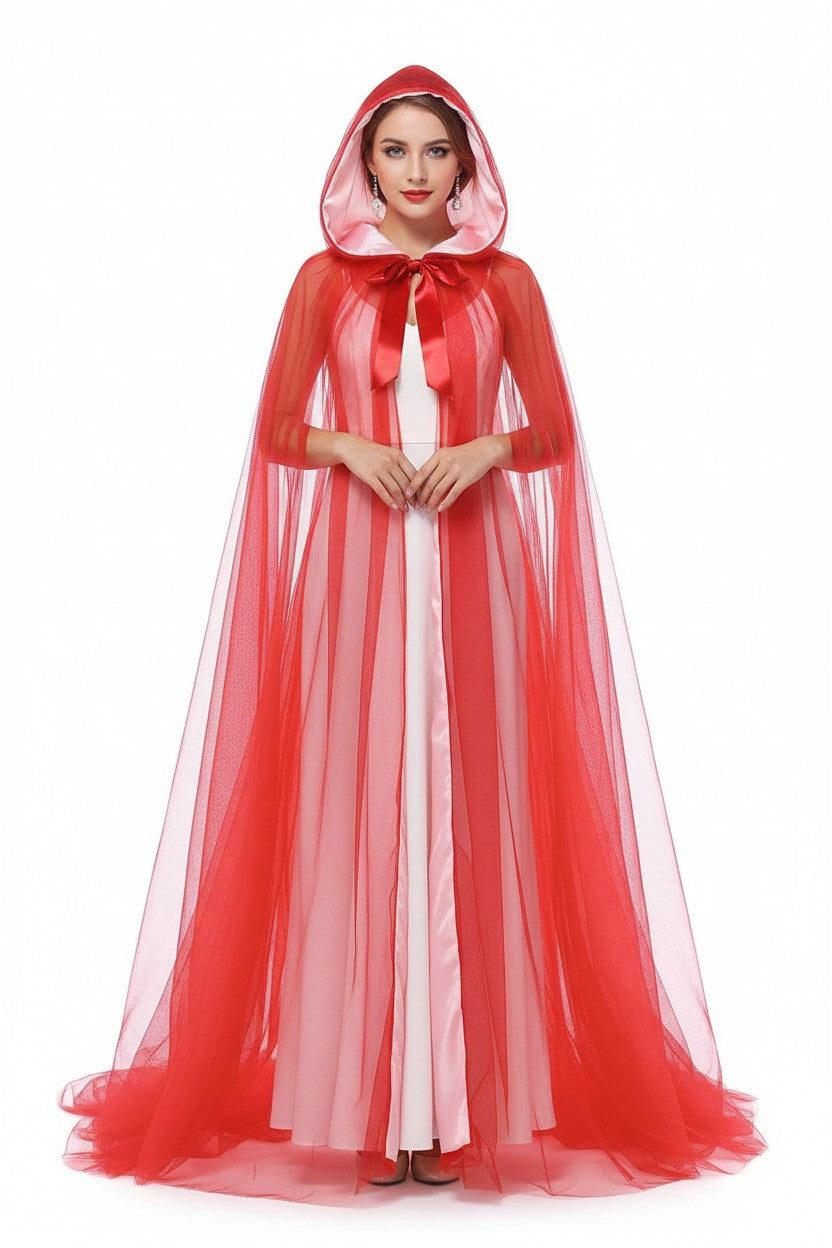 Hooded Witch Cloak with Sheer Mesh Fabric for Halloween and Cosplay