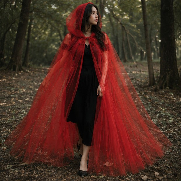 Hooded Witch Cloak with Sheer Mesh Fabric for Halloween and Cosplay