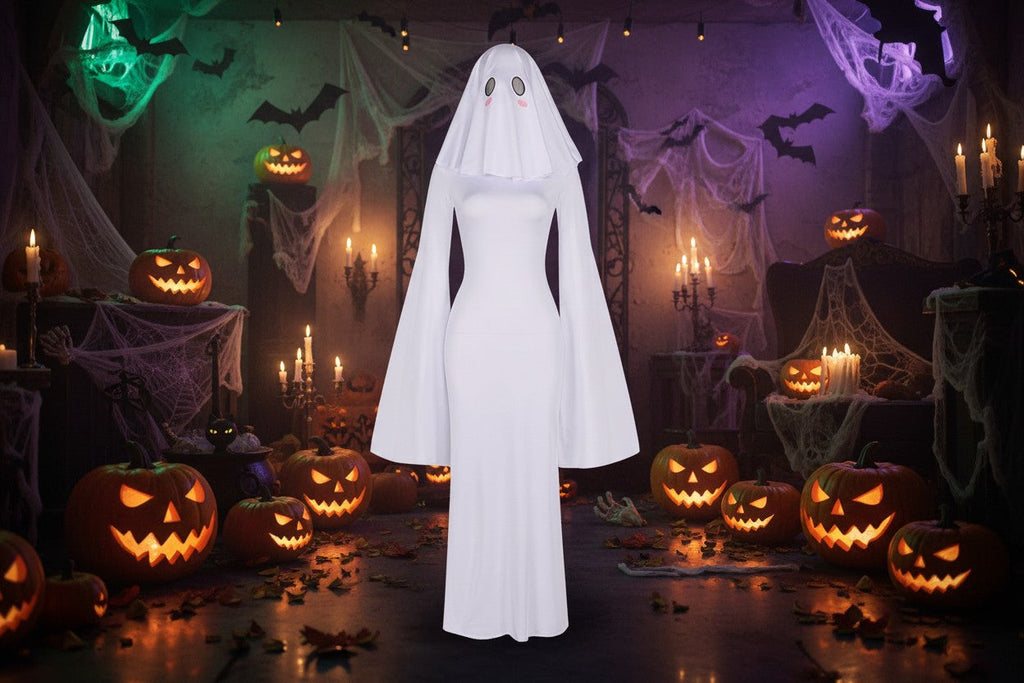 Ghost Bride Cosplay Costume with Floor Length Dress and Head Veil