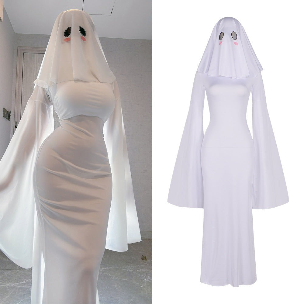 Ghost Bride Cosplay Costume with Floor Length Dress and Head Veil