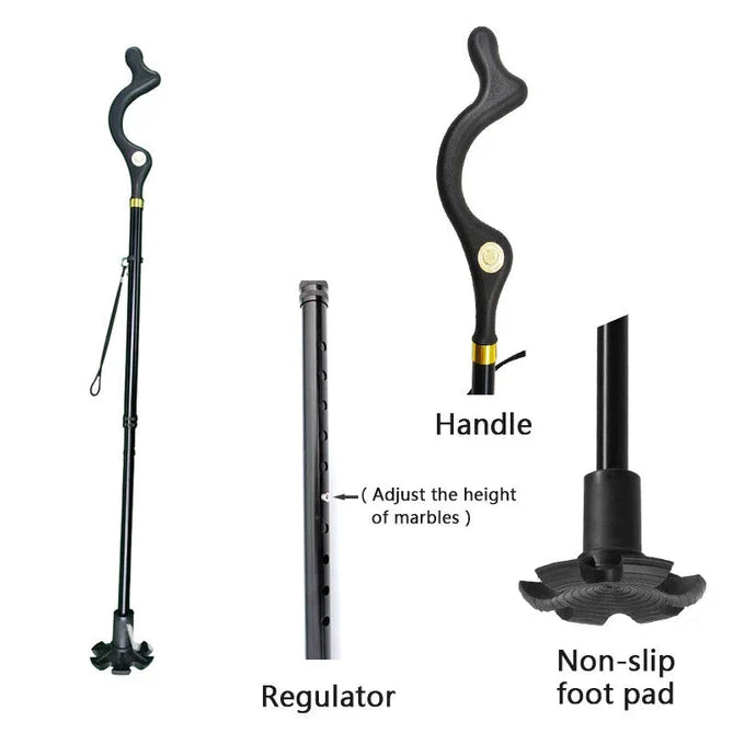 Adjustable Walking Stick with Ergonomic Grip and 360-Degree Tip, 12 Height Settings