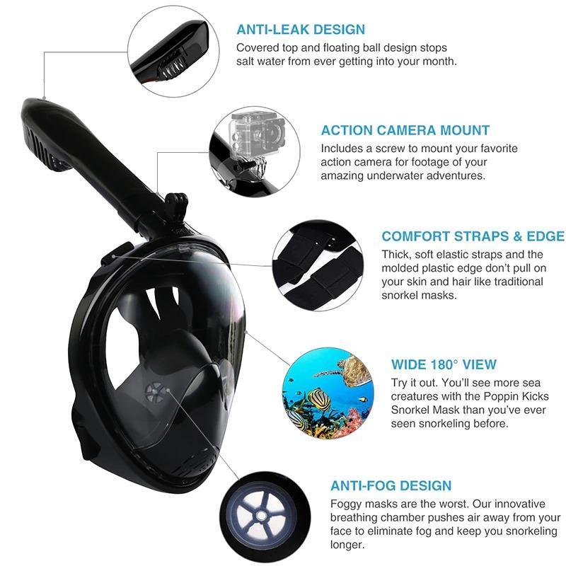 Full Face Snorkel Mask with Floating Ball Valve and Camera Mount, 180°  View